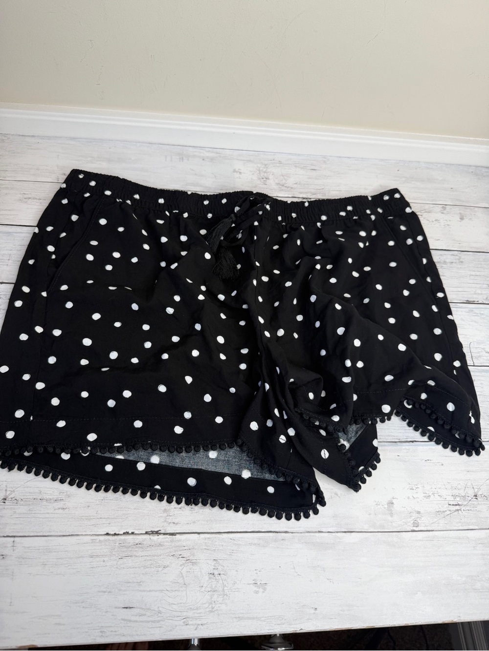 a.n.a Black with White Polka Dot Pom-Trim Drawstring Shorts